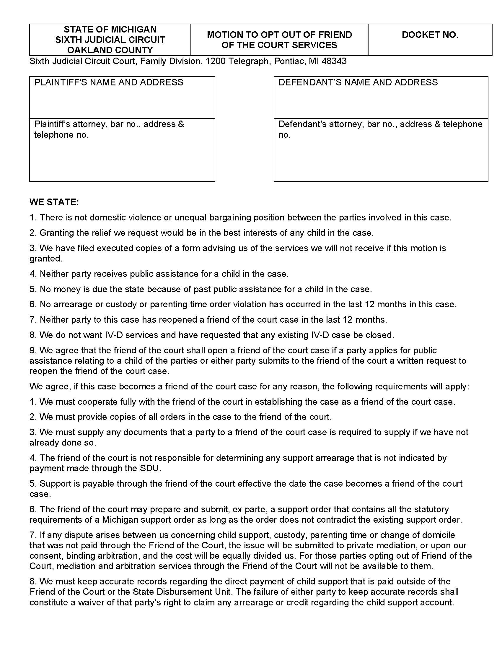 Motion To Opt Out Of Friend Of The Court Services | Pdf Fpdf Doc Docx | Michigan