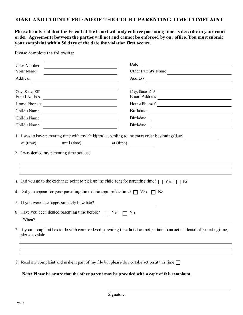 Oakland County Friend Of The Court Parenting Time Complaint Form | Pdf Fpdf Docx | Michigan