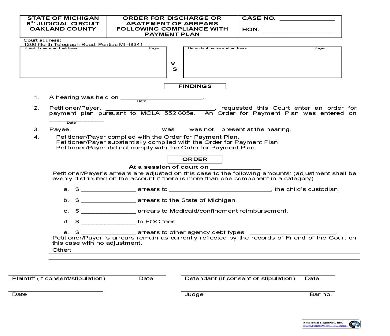 Order For Discharge Or Abatement Of Arrears Following Compliance With Payment Plan | Pdf Fpdf Doc Docx | Michigan