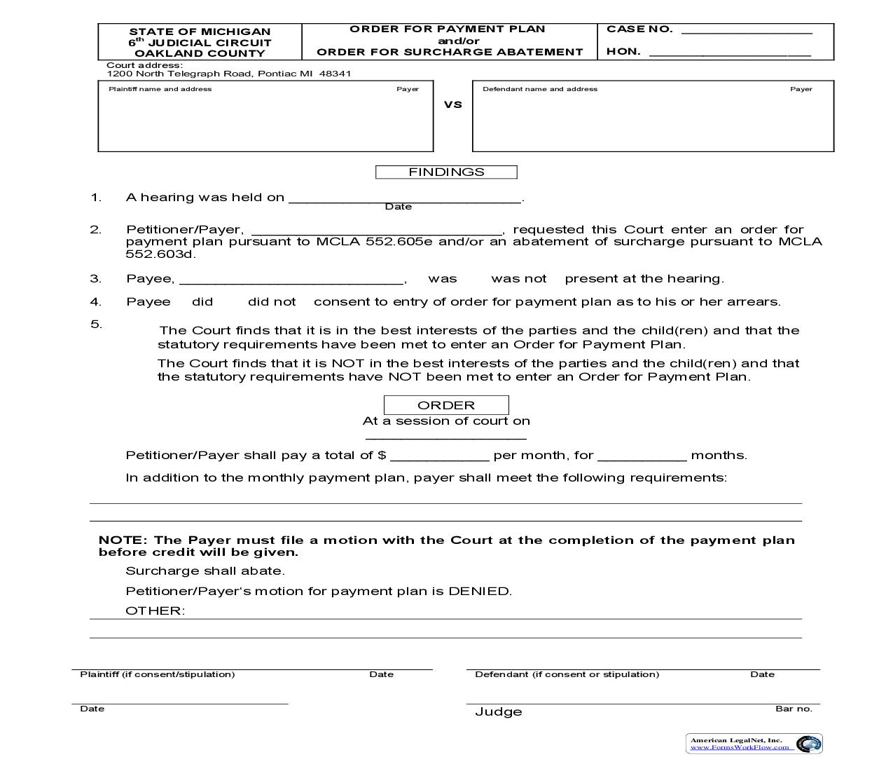 Order For Payment Plan And Order For Surcharge Abatement | Pdf Fpdf Doc Docx | Michigan