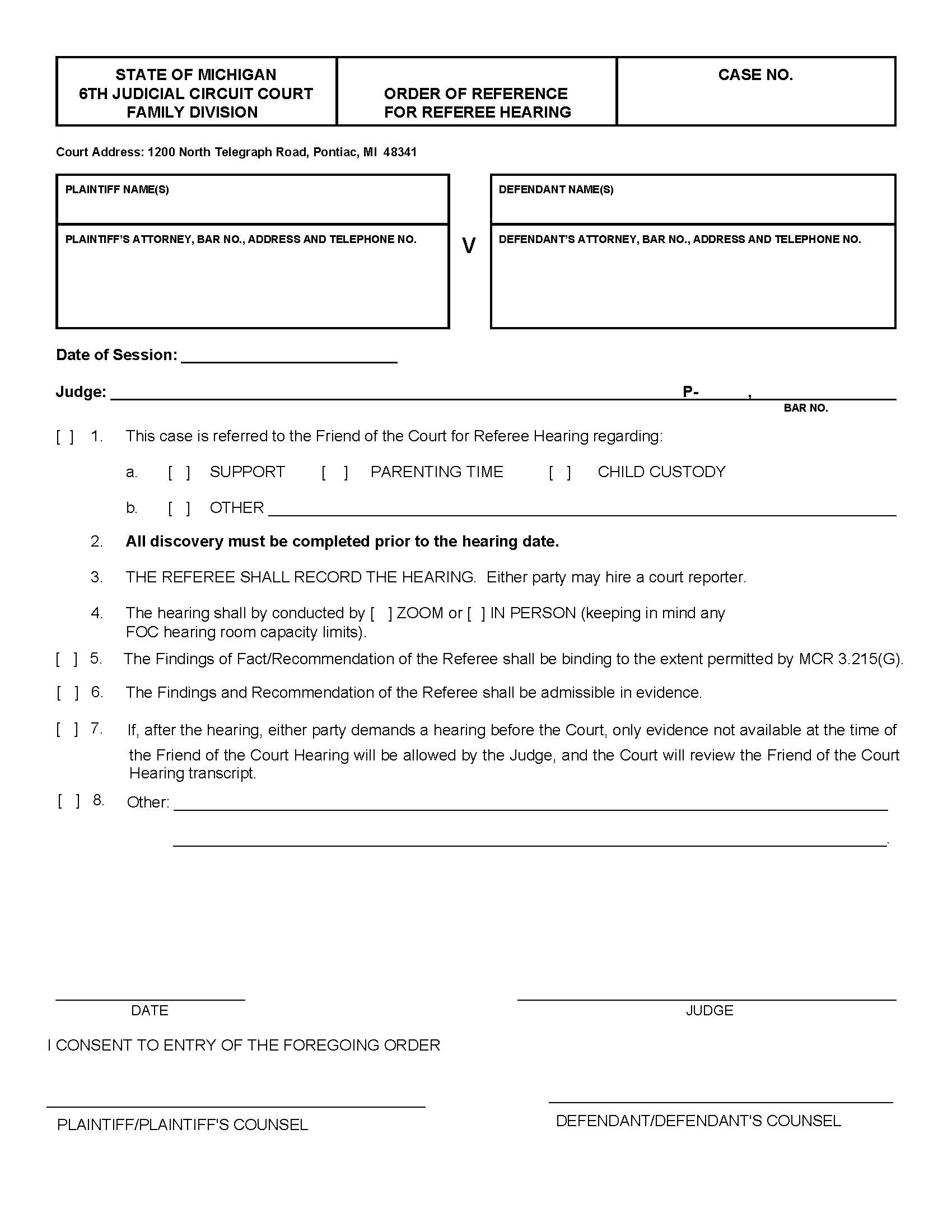 Order Of Reference For Referee Hearing | Pdf Fpdf Doc Docx | Michigan
