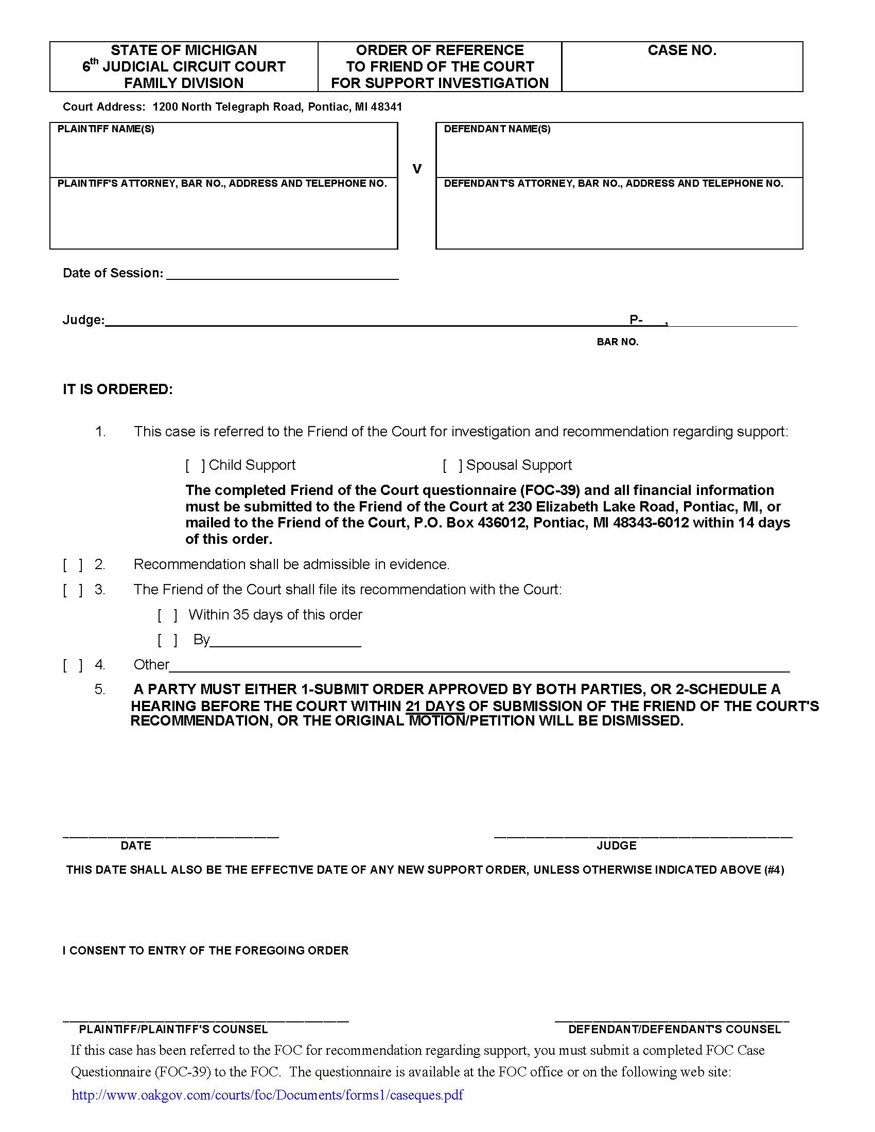 Order Of Reference To Friend Of The Court For Support Investigation | Pdf Fpdf Docx | Michigan