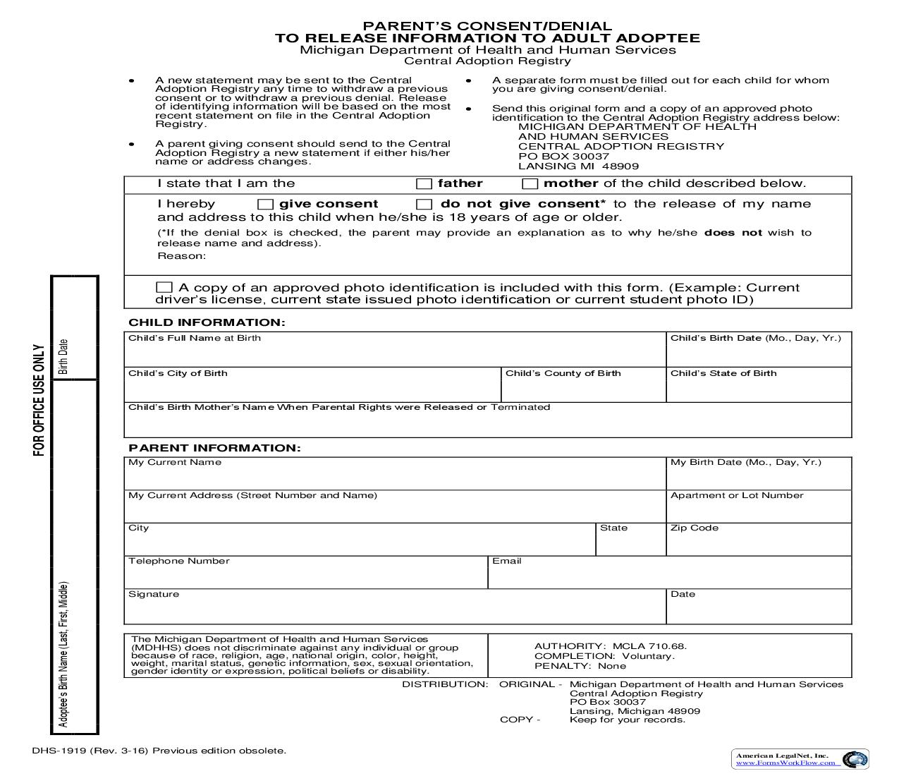 Parents Consent Or Denial To Release Information To Adult Adoptee {DHS-1919} | Pdf Fpdf Doc Docx | Michigan