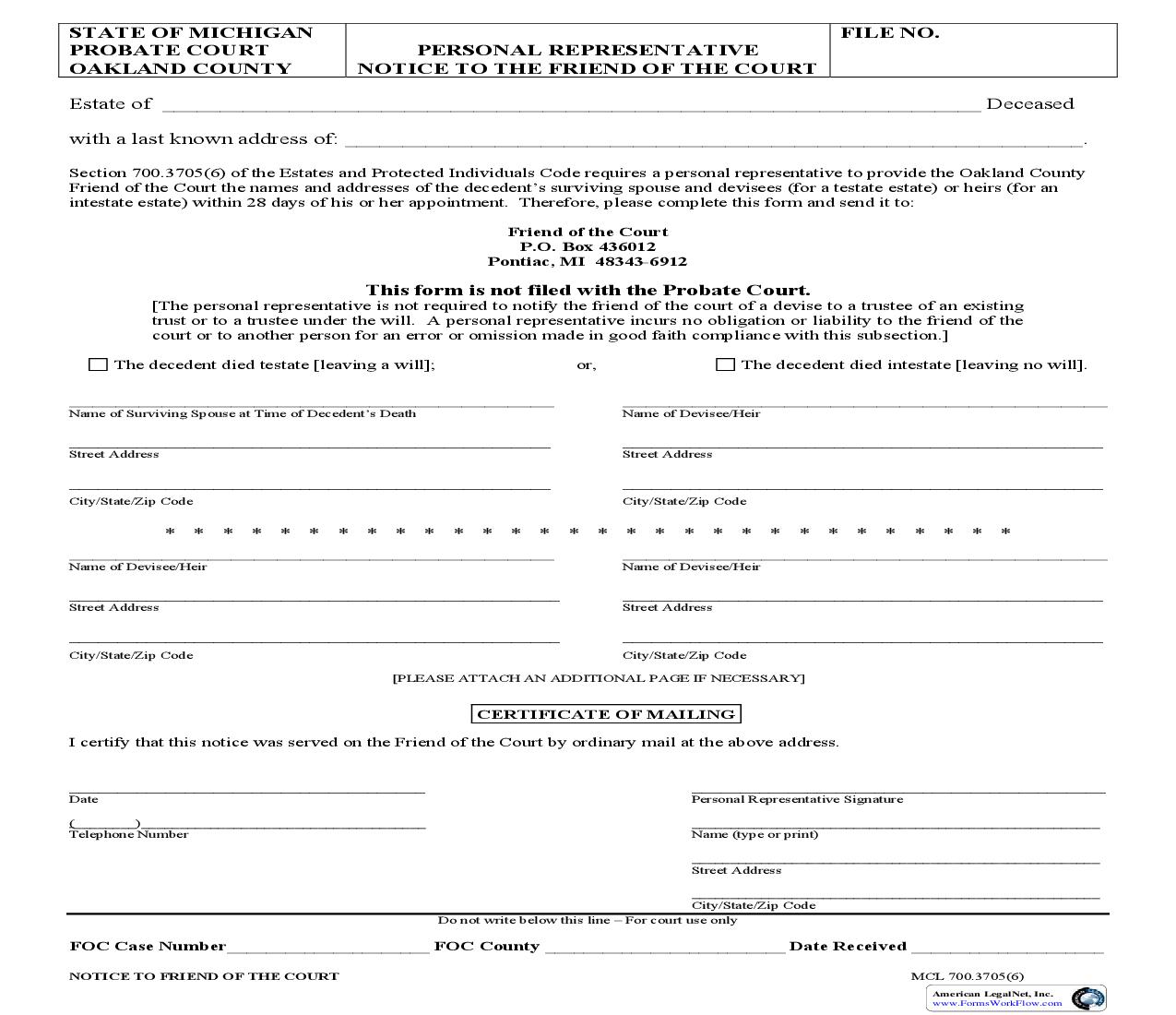 Personal Representative - Notice To The Friend Of The Court | Pdf Fpdf Doc Docx | Michigan