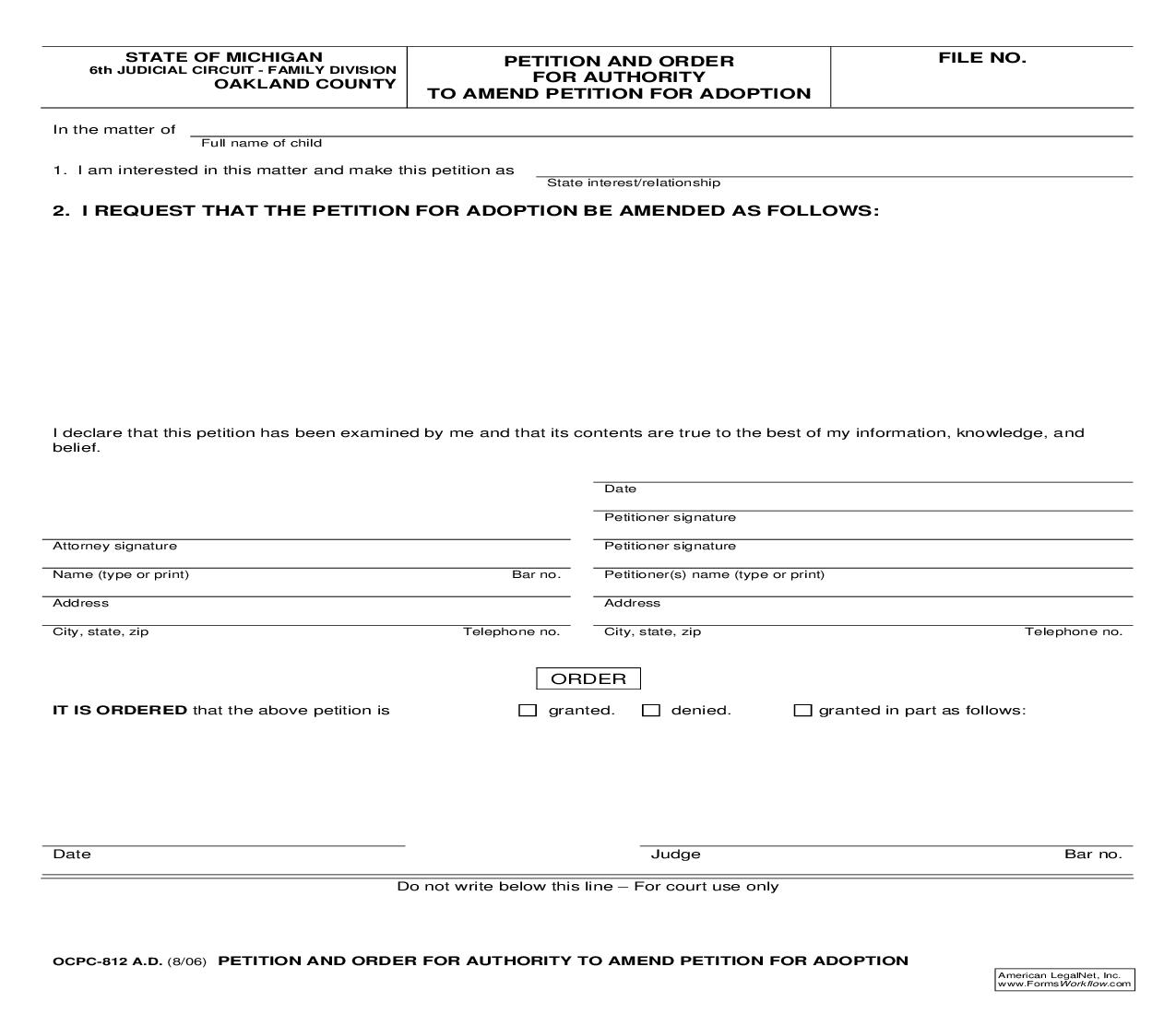 Petition And Order For Authority To Amend Petition For Adoption {OCPC-812 A.D.} | Pdf Fpdf Doc Docx | Michigan