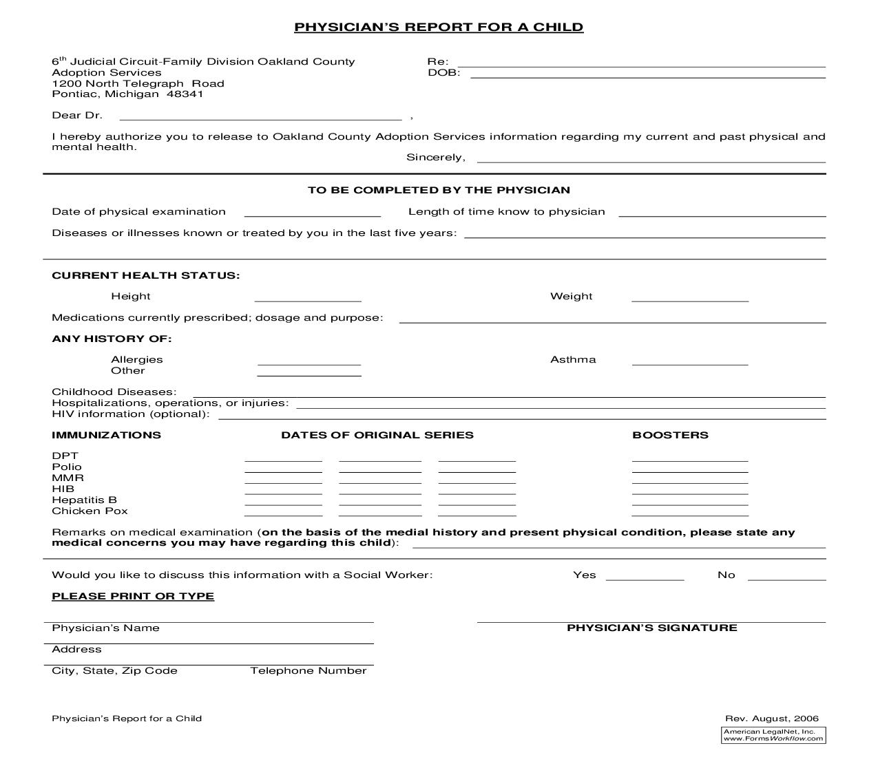 Physicians Report For A Child {668} | Pdf Fpdf Doc Docx | Michigan