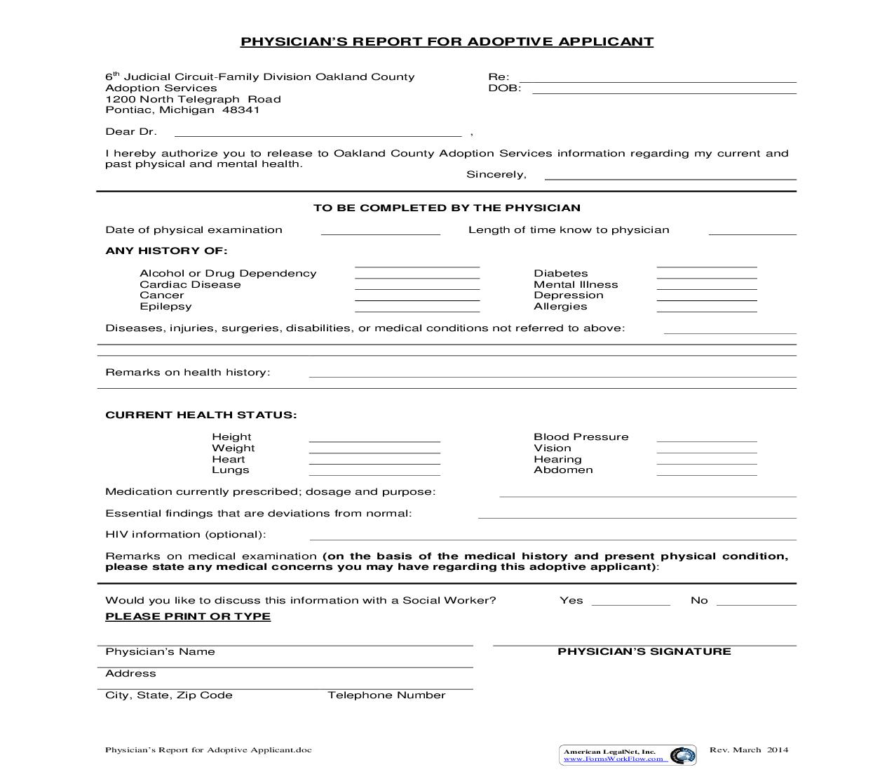 Physicians Report For Adoptive Applicant {669} | Pdf Fpdf Doc Docx | Michigan
