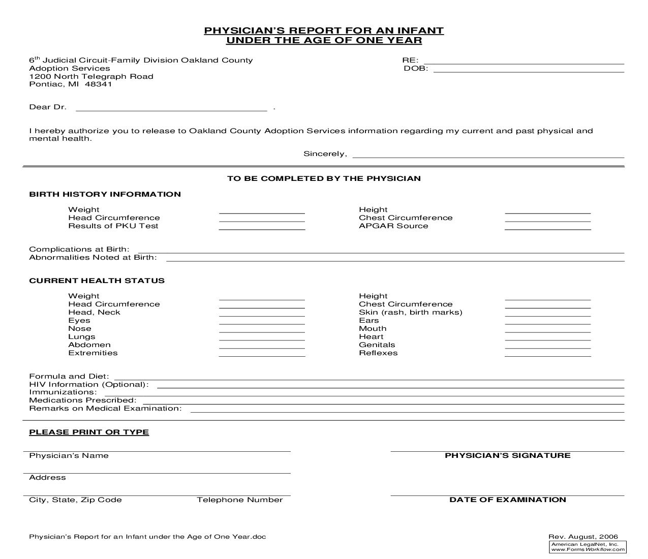 Physicians Report For An Infant Under The Age Of One Year {667} | Pdf Fpdf Doc Docx | Michigan