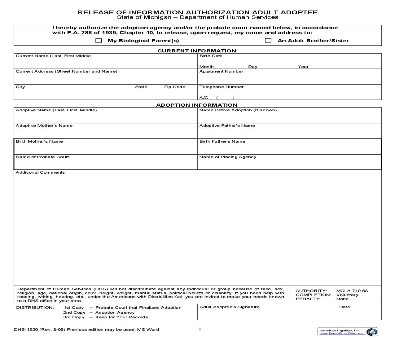 Release Of Information Authorization Adult Adoptee {FIA-1920} | Pdf Fpdf Doc Docx | Michigan