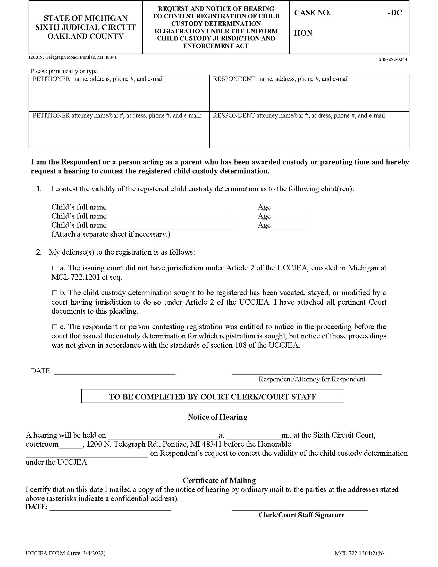 Request And Notice For Hearing To Contest Registration Of Child Custody Determincation Registration Under UCCJEA | Pdf Fpdf Doc Docx | Michigan