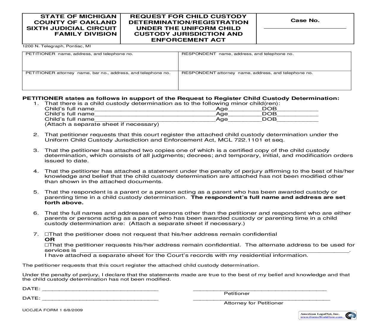 Request For Child Custody Determination Registration Under The Uniform Child Custody Jurisdiction And Enforcement Act | Pdf Fpdf Doc Docx | Michigan