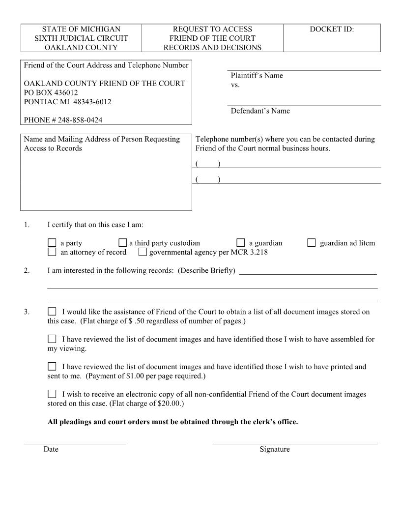Request To Access Friend Of The Court Records | Pdf Fpdf Doc Docx | Michigan
