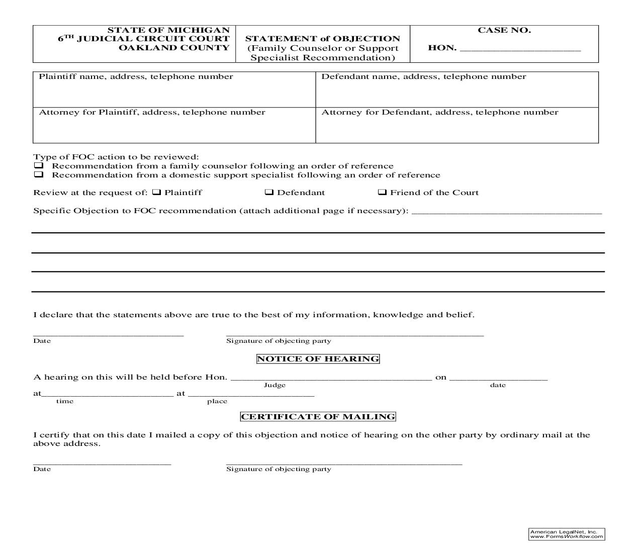 Statement Of Objection - Family Counselor Or Support Specialist Recommendation | Pdf Fpdf Doc Docx | Michigan