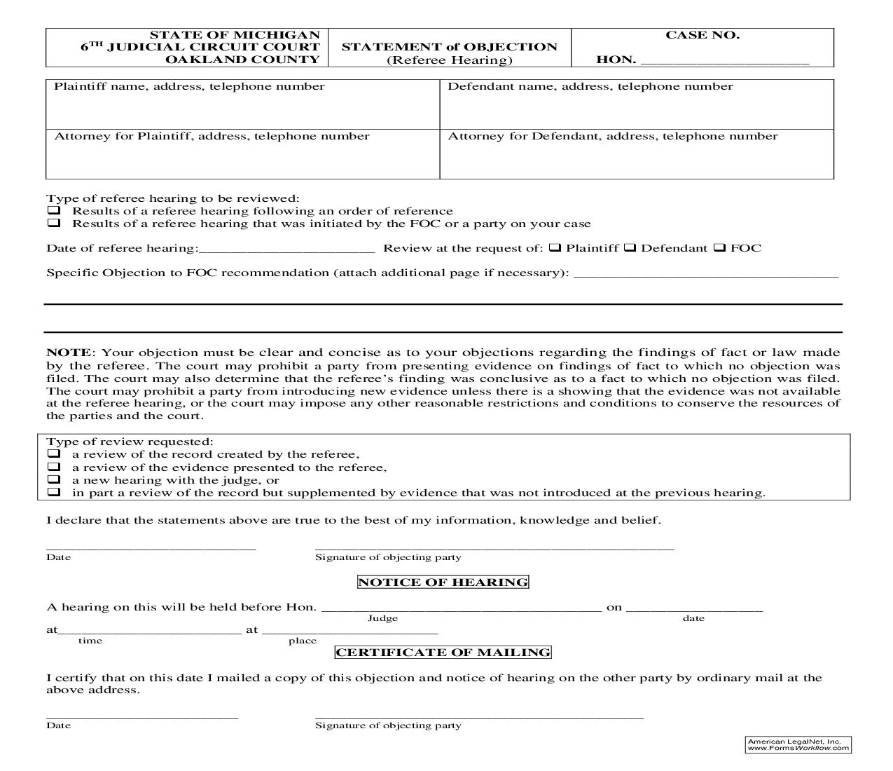 Statement Of Objection - Referee Hearing | Pdf Fpdf Doc Docx | Michigan