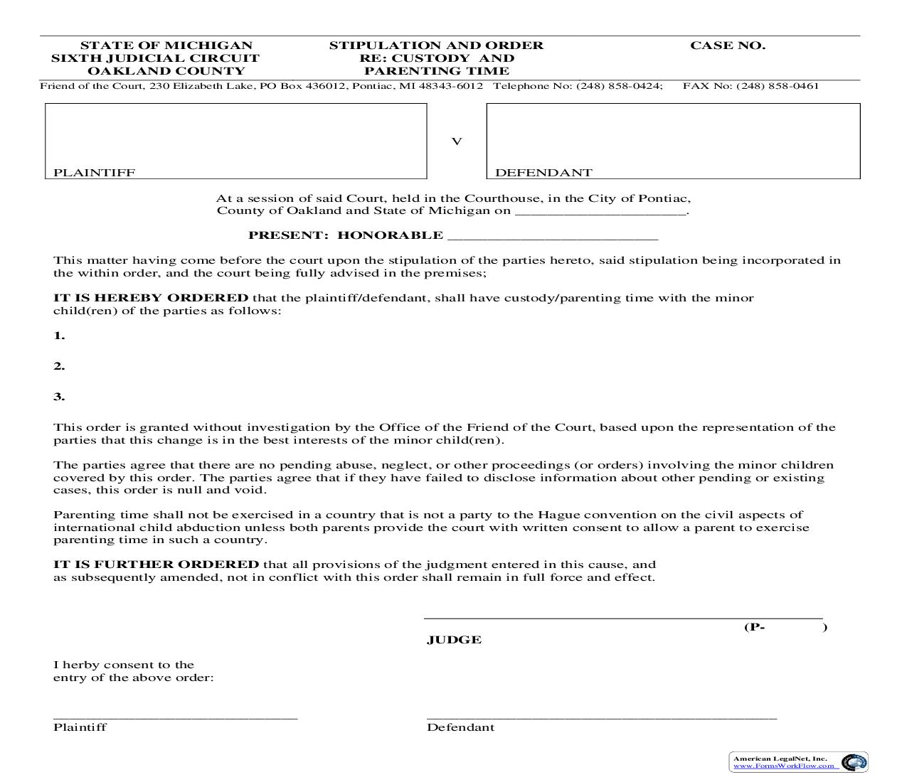 Stipulation And Order Regarding Custody And Parenting Time | Pdf Fpdf Doc Docx | Michigan