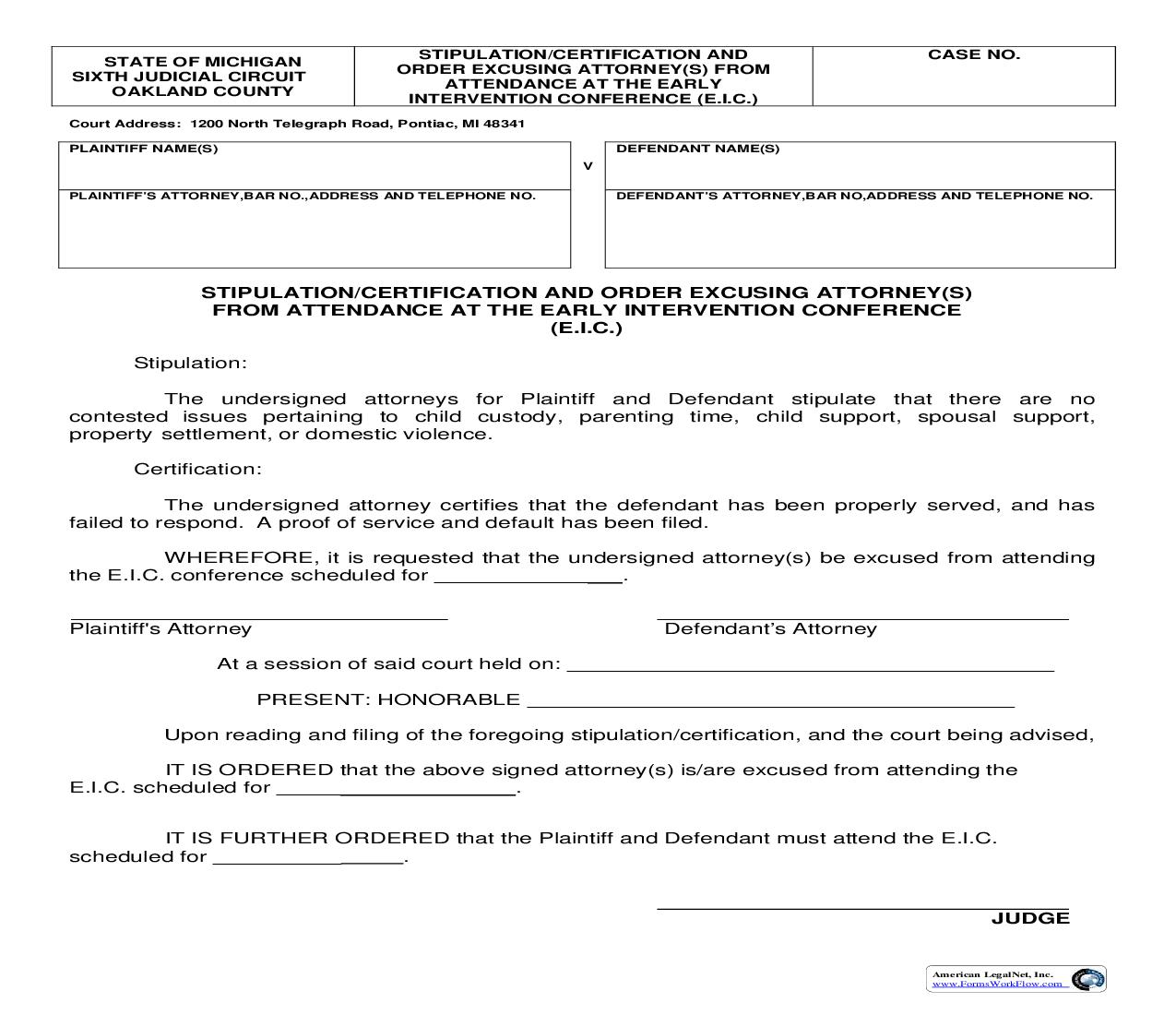 Stipulation Or Certification And Order Excusing Attorney(s) From Attendance At The E.I.C. | Pdf Fpdf Doc Docx | Michigan