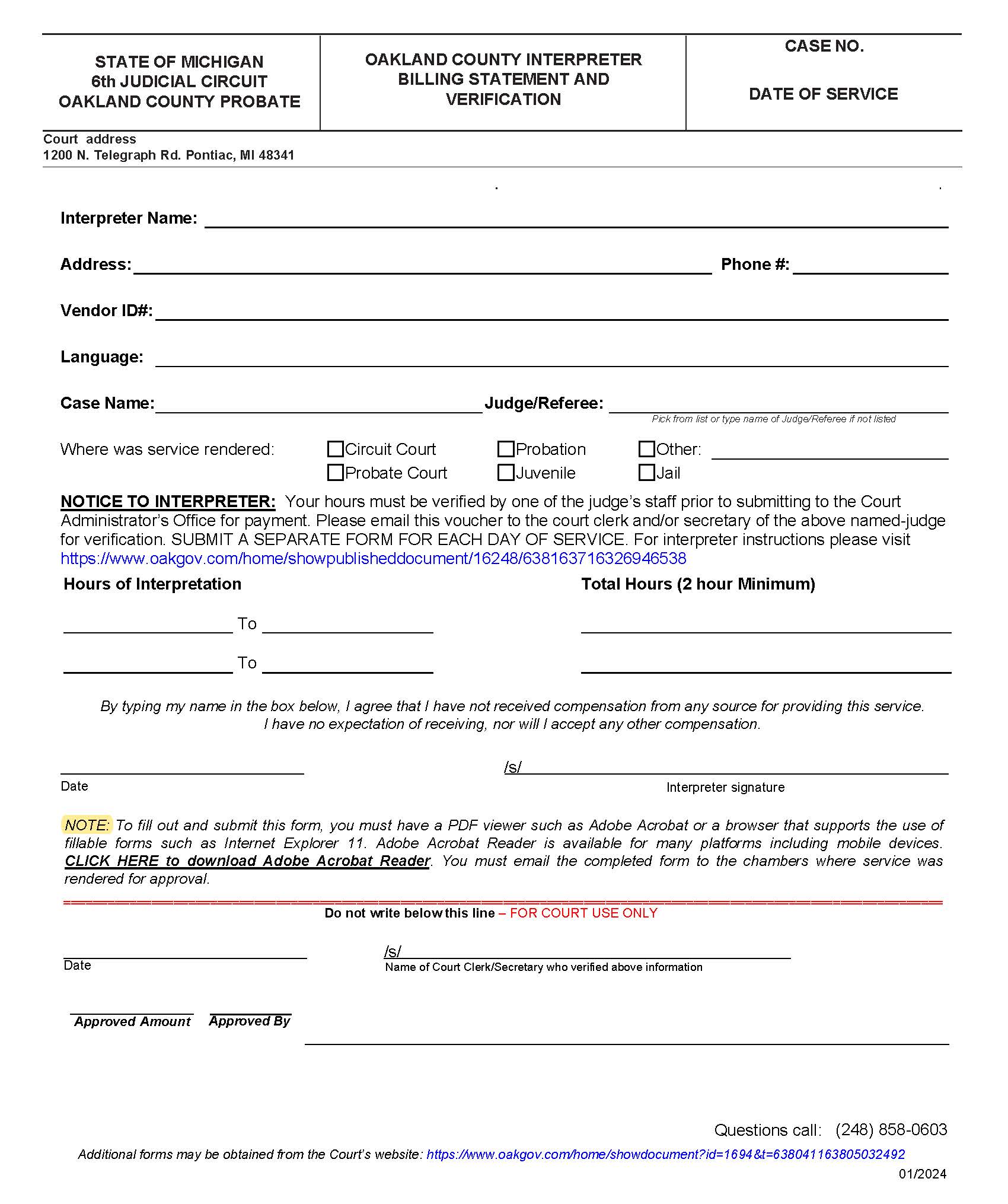 Interpreter Billing Statement And Verification | Pdf Fpdf Doc Docx | Michigan