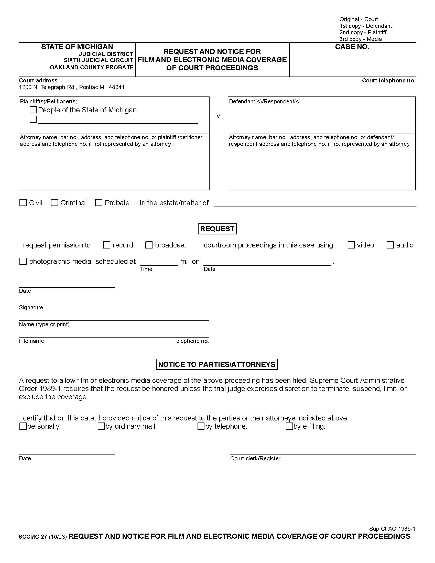 Request And Notice For Film And Electronic Media Coverage Of Court Proceedings | Pdf Fpdf Doc Docx | Michigan