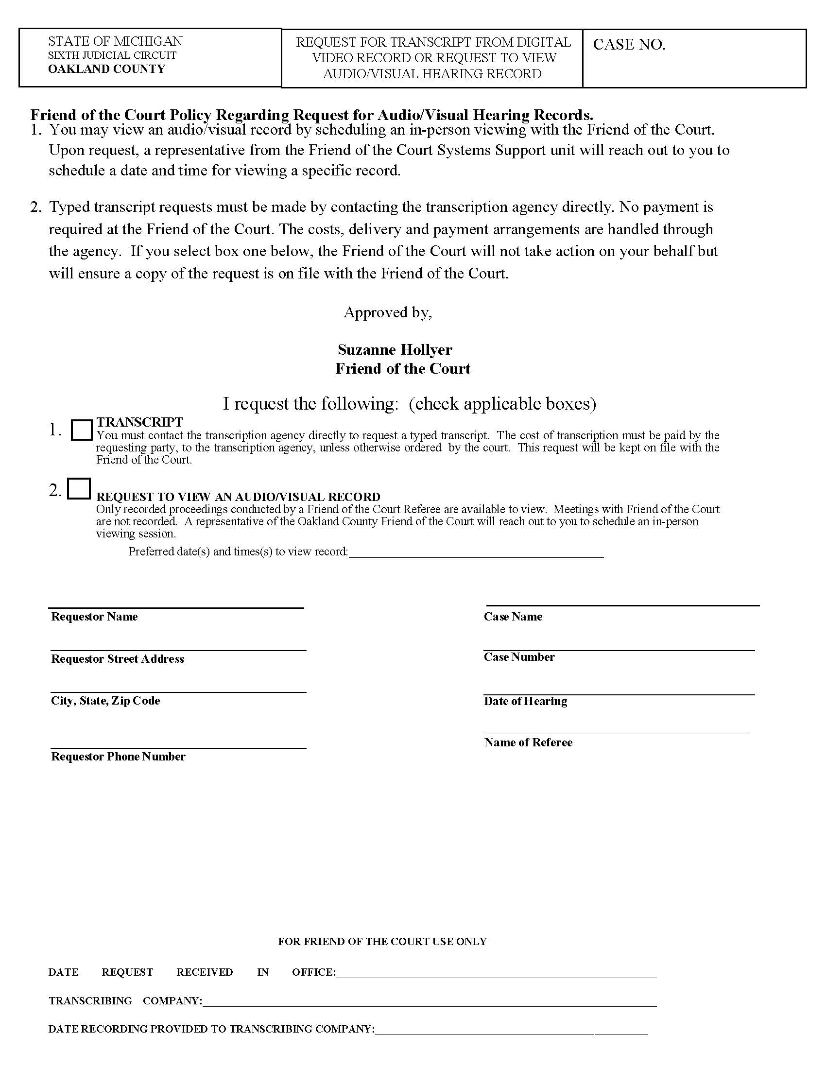 Request For Transcript From Digital Video Record Or Copy Of Audio Or Visual Hearing Record | Pdf Fpdf Doc Docx | Michigan