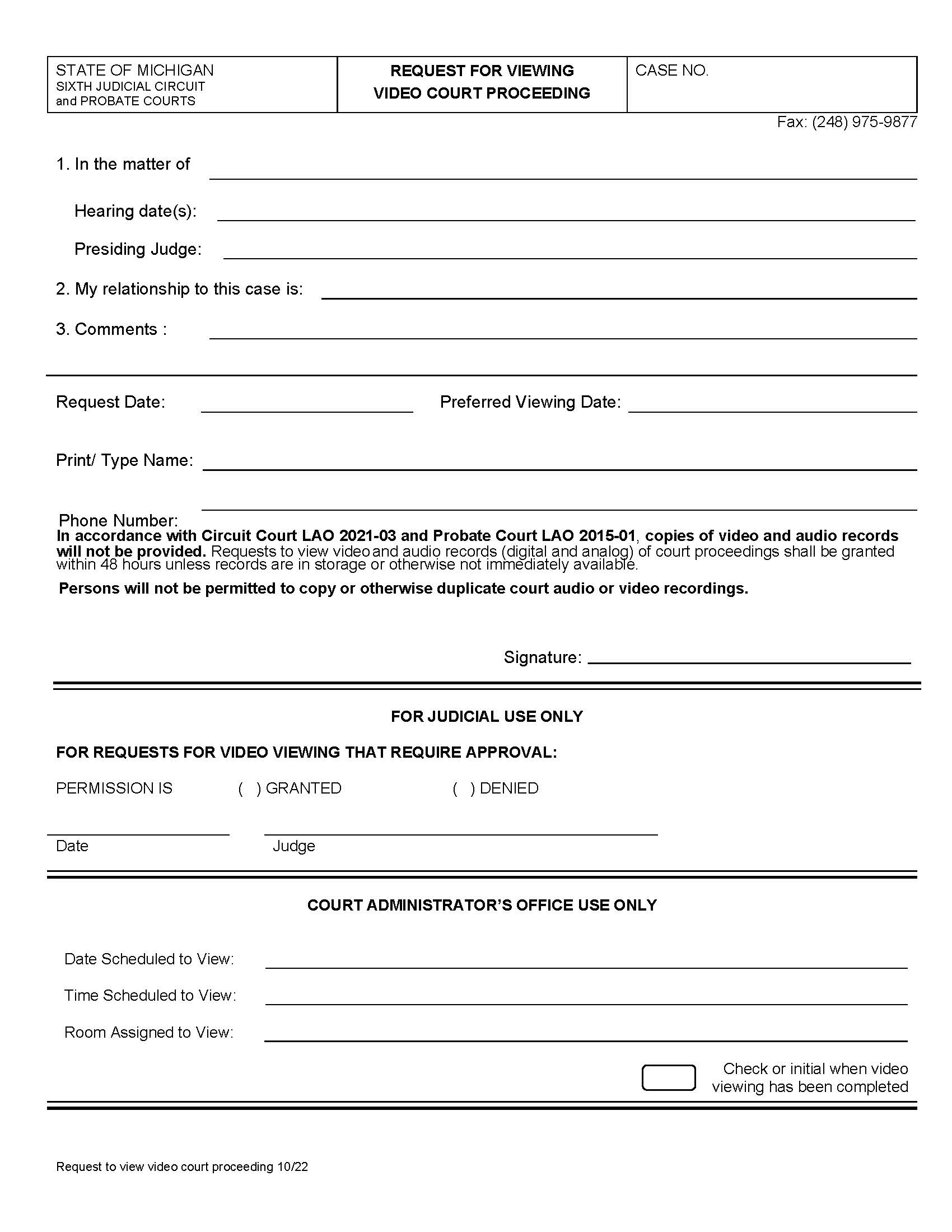 Request For Viewing Video Court Proceeding | Pdf Fpdf Doc Docx | Michigan