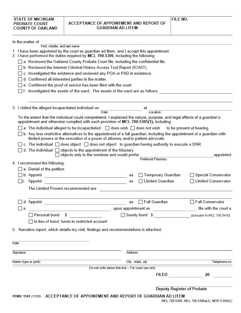 Acceptance Of Appointment And Report Of Guardian Ad Litem {PEMH 1141} | Pdf Fpdf Docx | Michigan