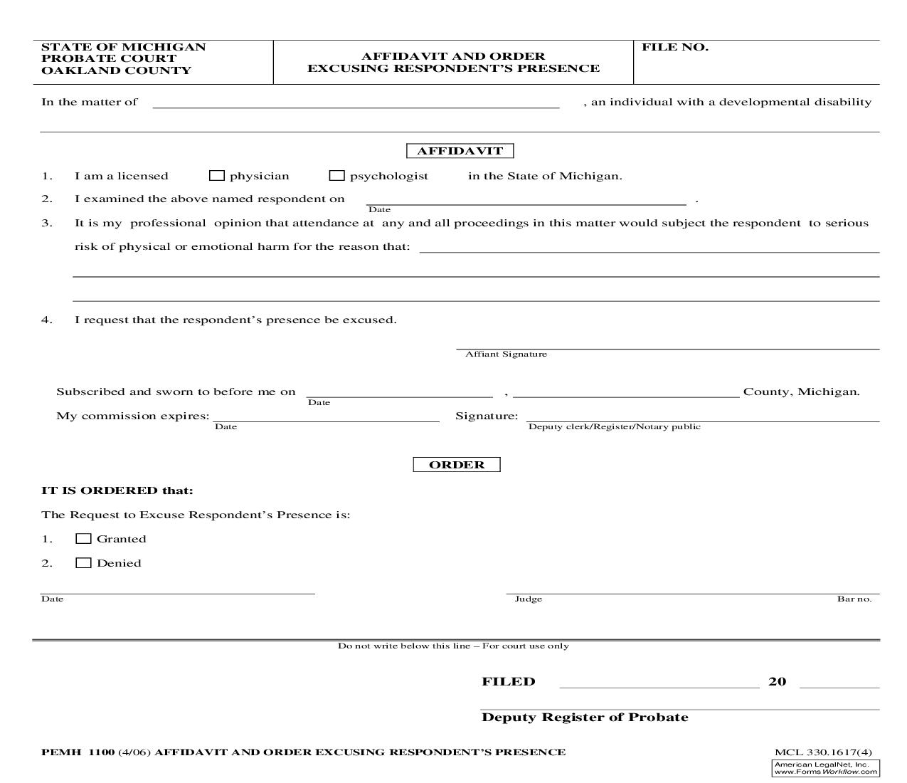 Affidavit And Order Excusing Respondents Presence {PEMH 1100} | Pdf Fpdf Doc Docx | Michigan