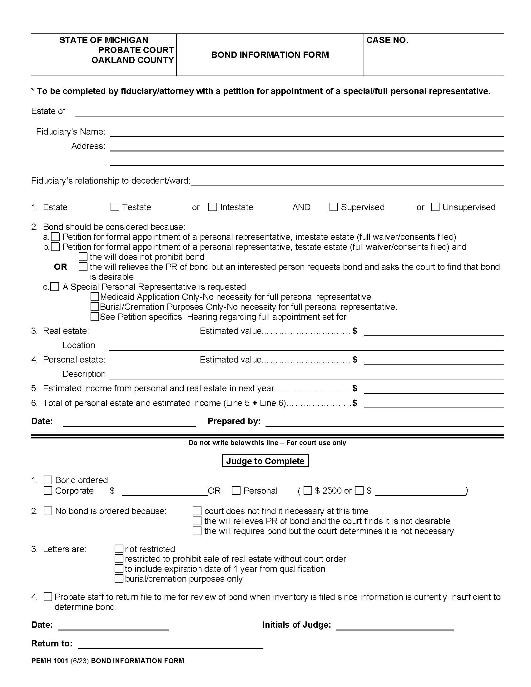 Bond Information Sheet {PEMH 1001} | Pdf Fpdf Doc Docx | Michigan