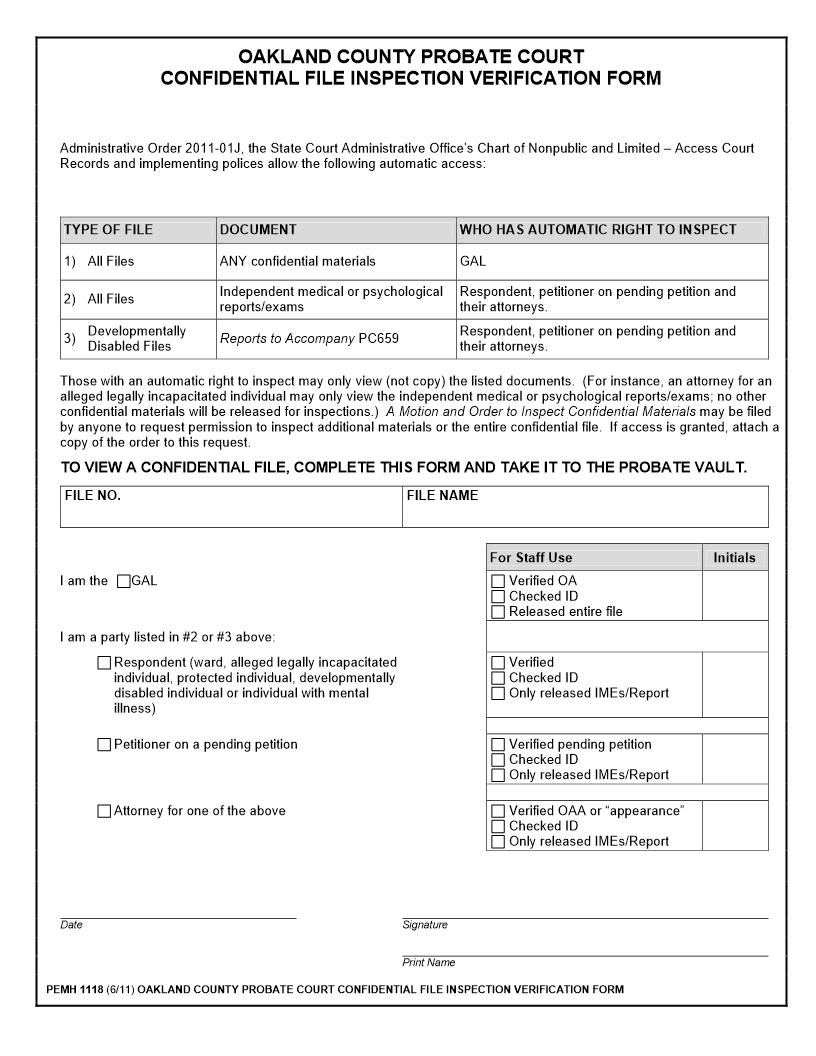 Confidential File Inspection Verification Form {PEMH 1118} | Pdf Fpdf Docx | Michigan