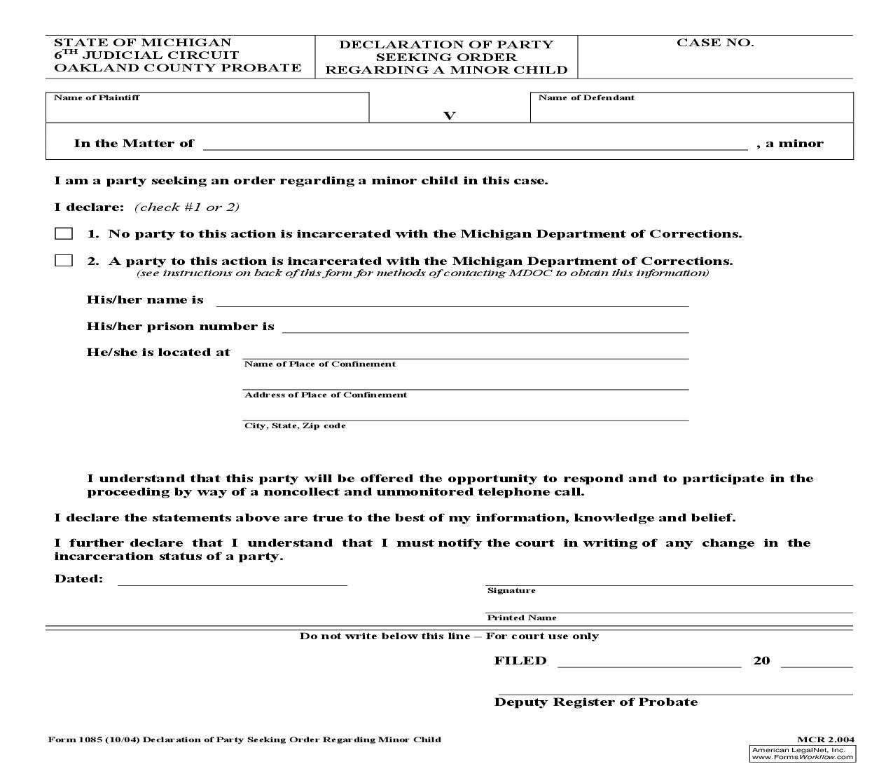 Declaration Of Party Seeking Order Regarding A Minor Child And Incarcerated Party Information {PEMH 1085} | Pdf Fpdf Doc Docx | Michigan