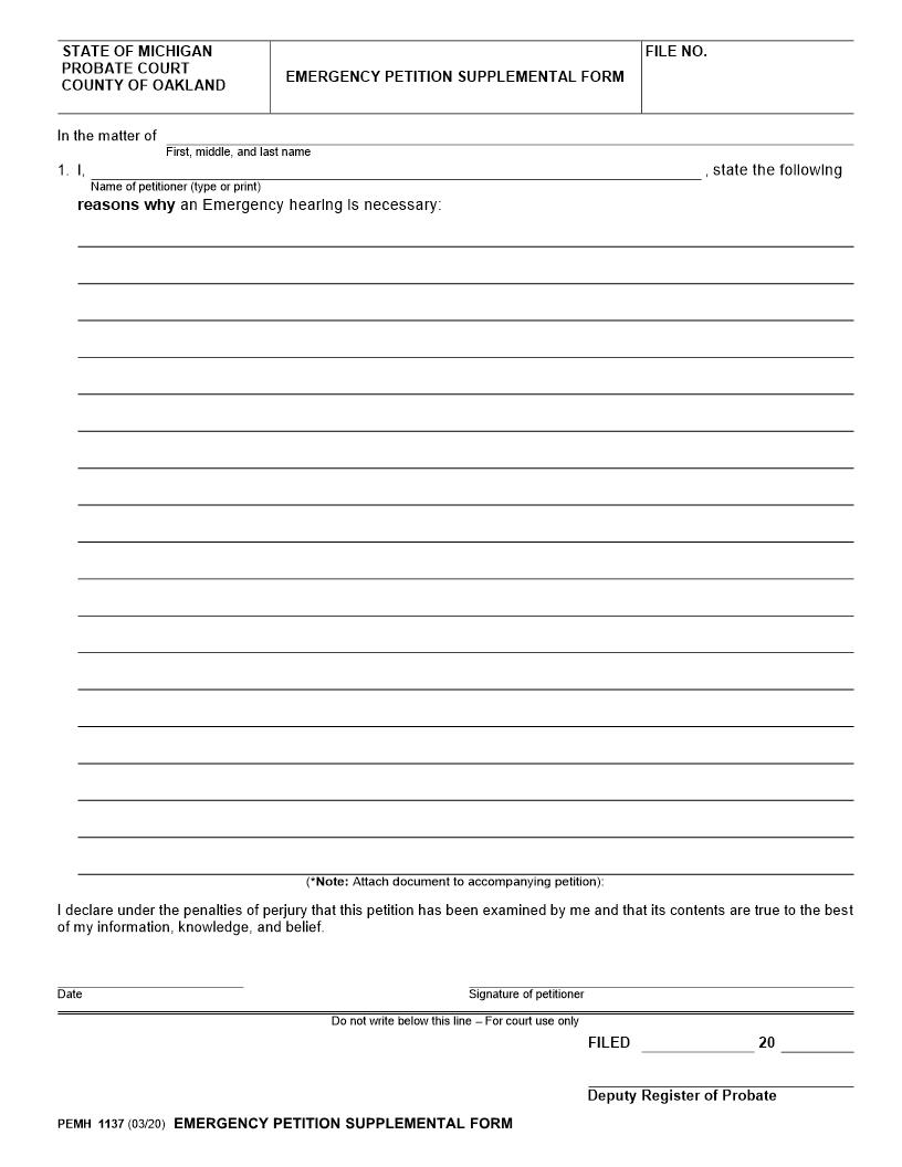 Emergency Petition Supplemental Form {PEMH 1137} | Pdf Fpdf Docx | Michigan