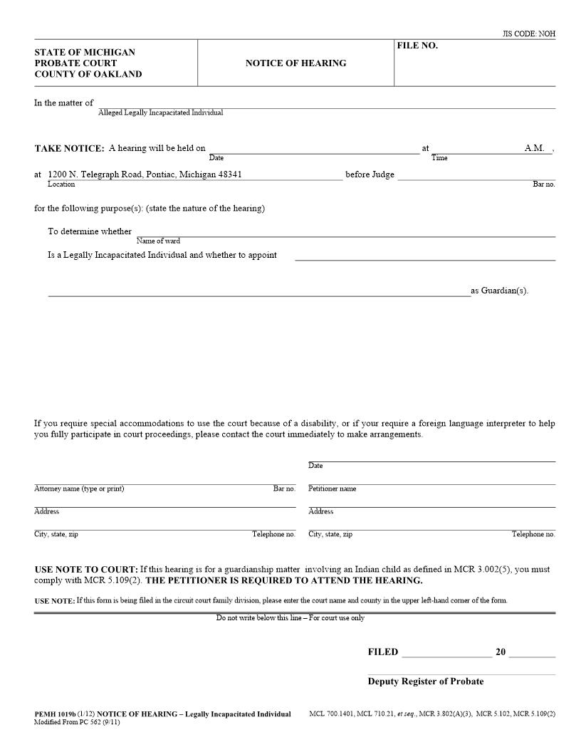 Notice Of Hearing (Alleged Legally Incapacitated Individual) {PEMH 1019b} | Pdf Fpdf Docx | Michigan