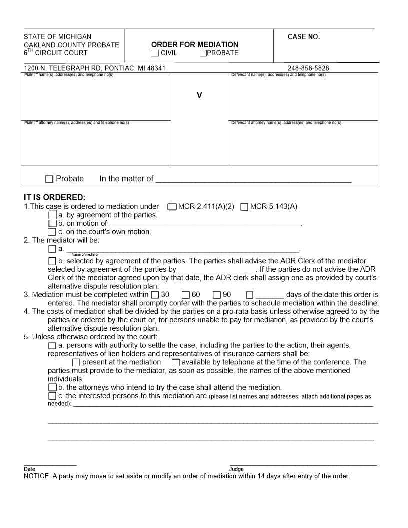 Order For Mediation | Pdf Fpdf Docx | Michigan