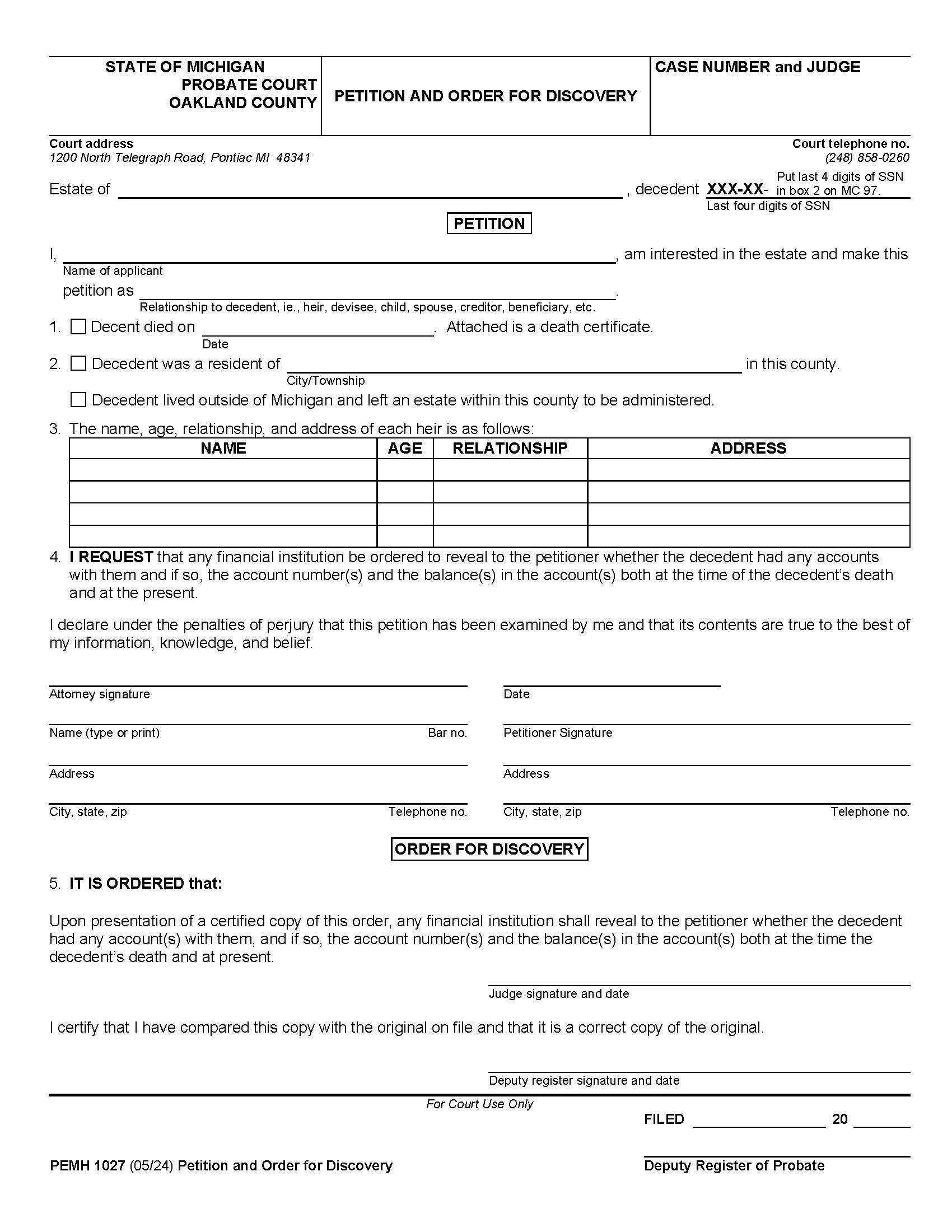 Petition And Order For Discovery Estate Not Exceeding $15,000 {PEMH 1027} | Pdf Fpdf Doc Docx | Michigan