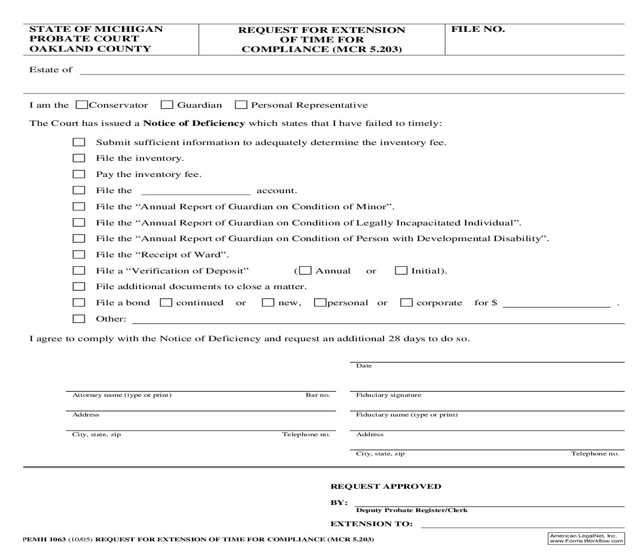 Request For Extension Of Time For Compliance (MCR 5.203) {PEMH 1063} | Pdf Fpdf Doc Docx | Michigan