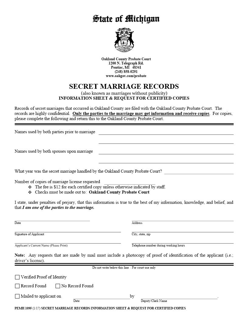 Secret Marriage Records {PEMH 1095} | Pdf Fpdf Docx | Michigan