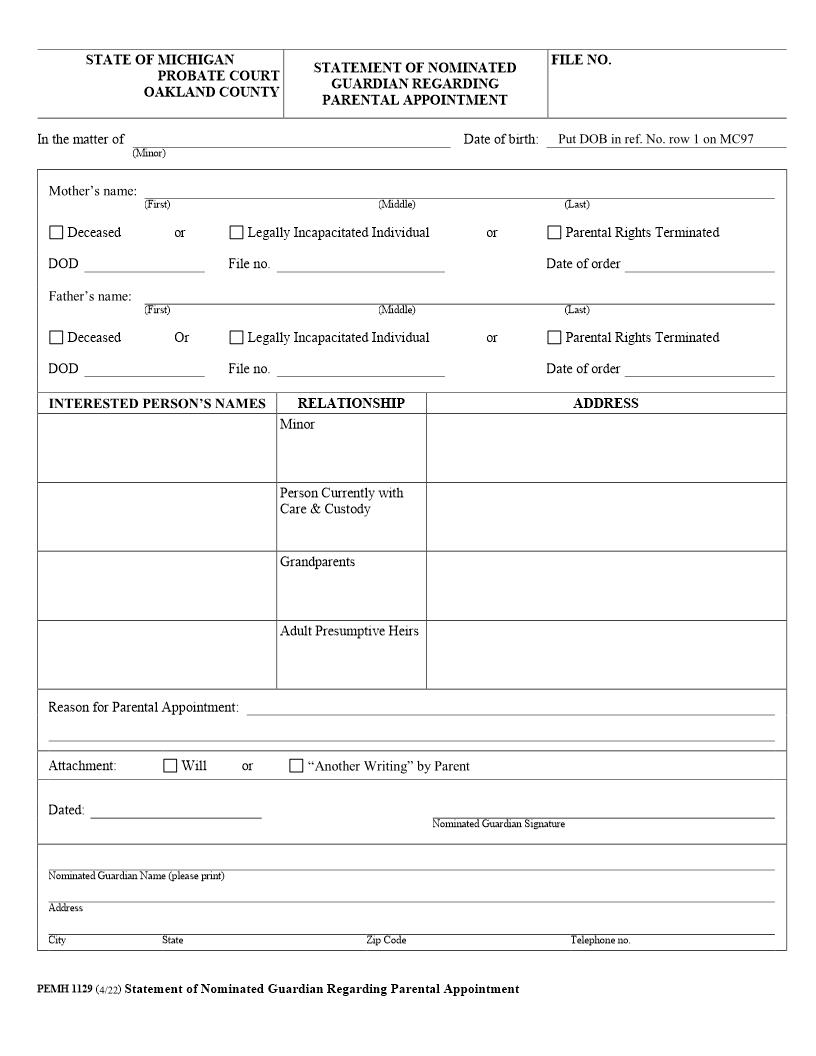Statement Of Nominated Guardian Regarding Parental Appointment {PEMH 1129} | Pdf Fpdf Docx | Michigan