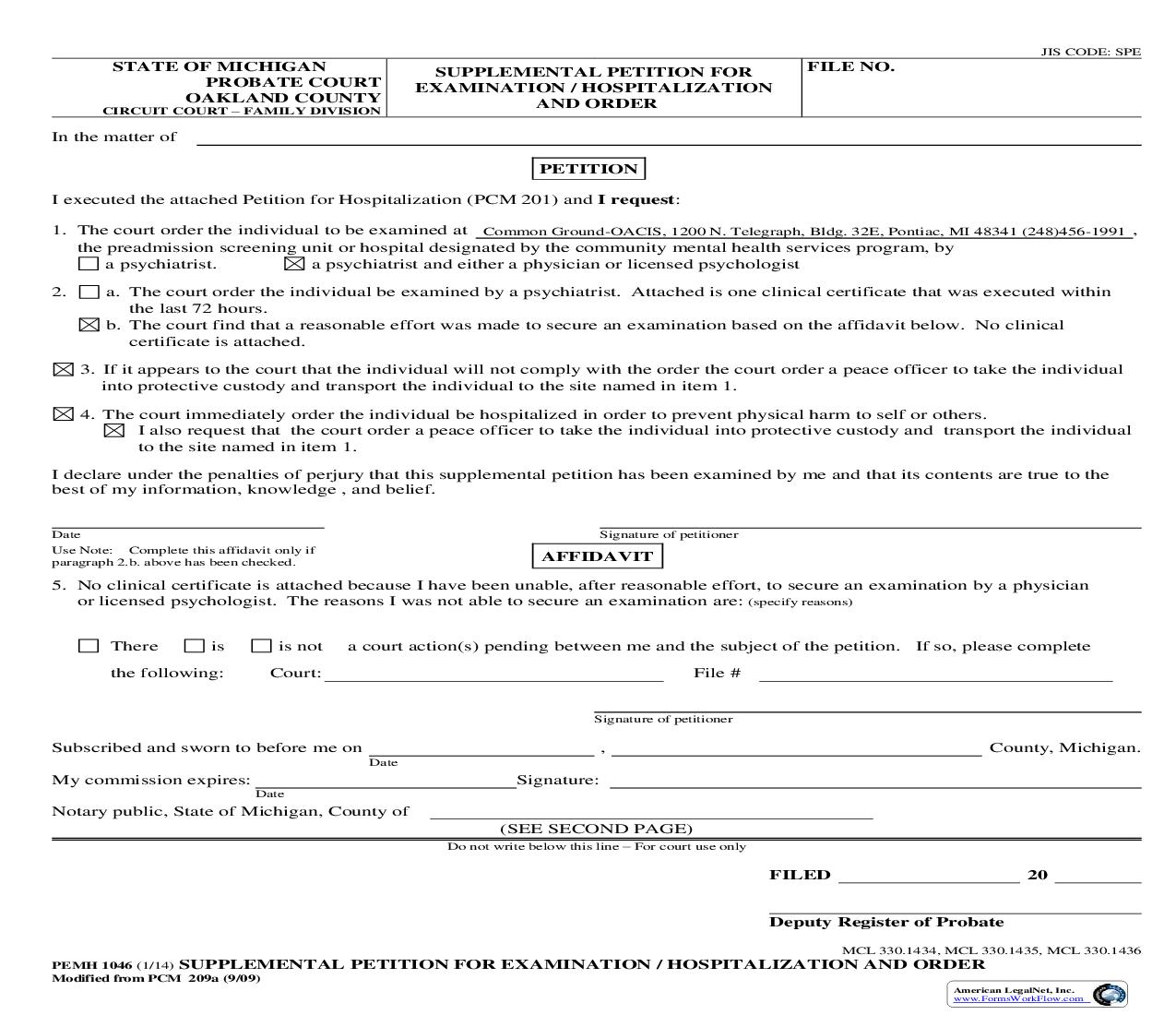 Supplemental Petition For Examination Or Hospitalization And Order {PEMH 1046} | Pdf Fpdf Doc Docx | Michigan