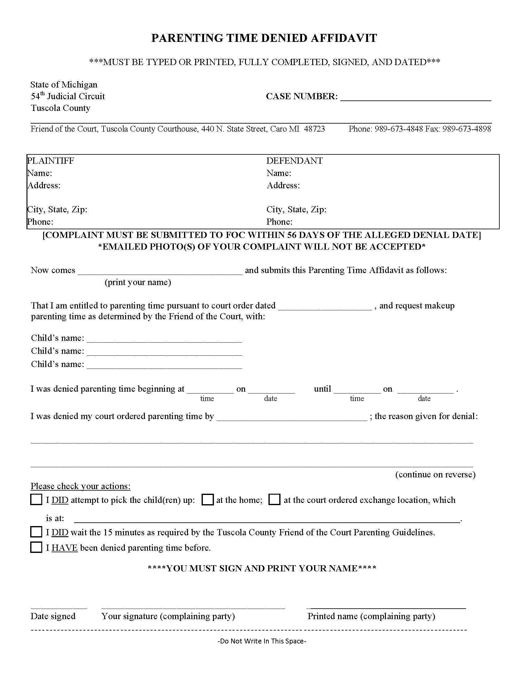 Parenting Time Denied Affidavit | Pdf Fpdf Docx | Michigan