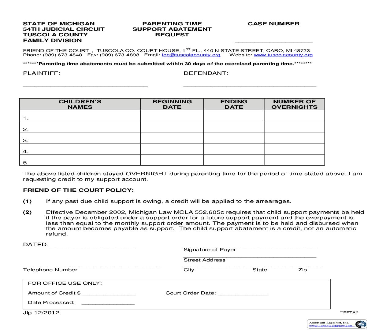 Parenting Time Support Abatement Request | Pdf Fpdf Doc Docx | Michigan