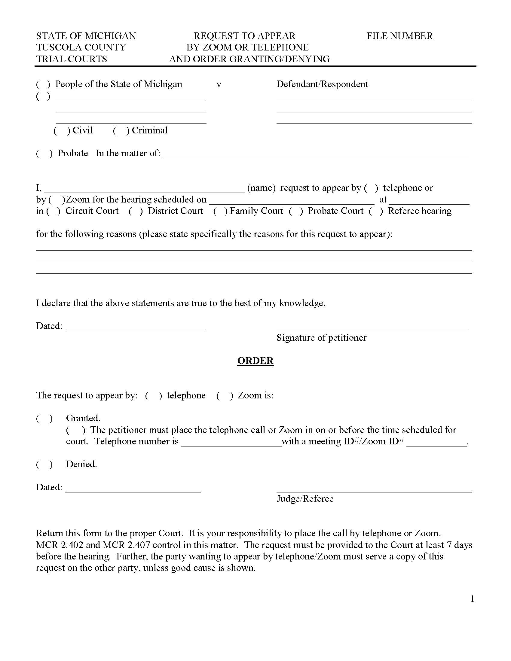 Request To Appear By Zoom Or Telephone | Pdf Fpdf Doc Docx | Michigan