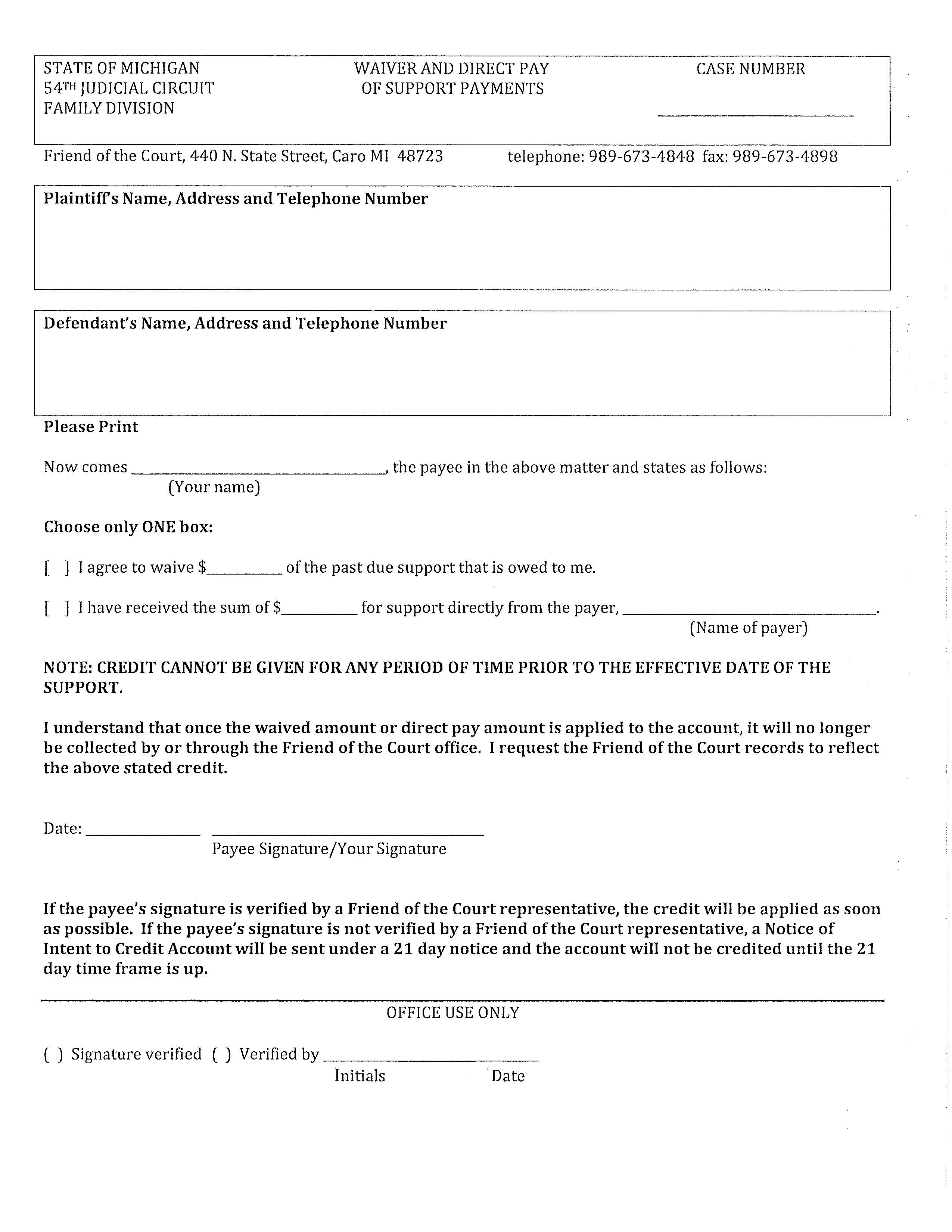 Waiver And Direct Pay Of Support Payments | Pdf Fpdf Doc Docx | Michigan