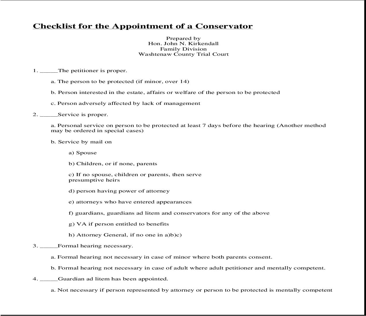 Checklist For The Appointment Of A Conservator | Pdf Fpdf Doc Docx | Michigan