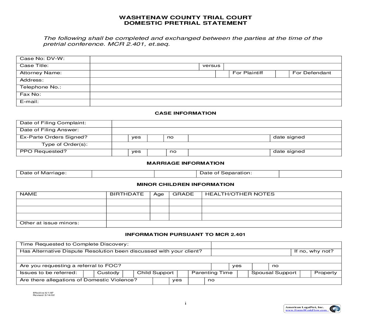 Domestic Pretrial Statement | Pdf Fpdf Doc Docx | Michigan