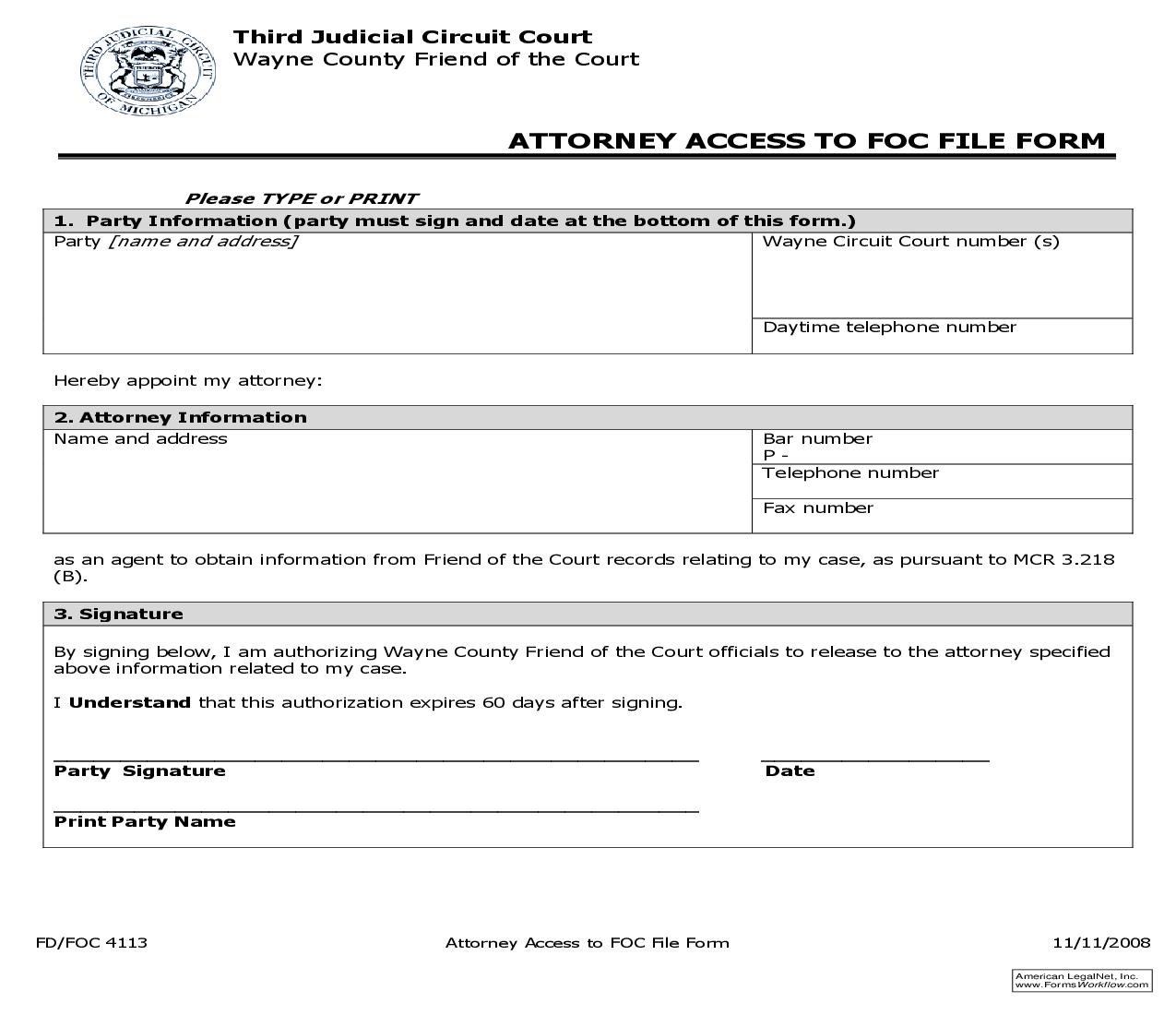 Attorney Access To FOC File Form {FD-FOC 4113} | Pdf Fpdf Doc Docx | Michigan