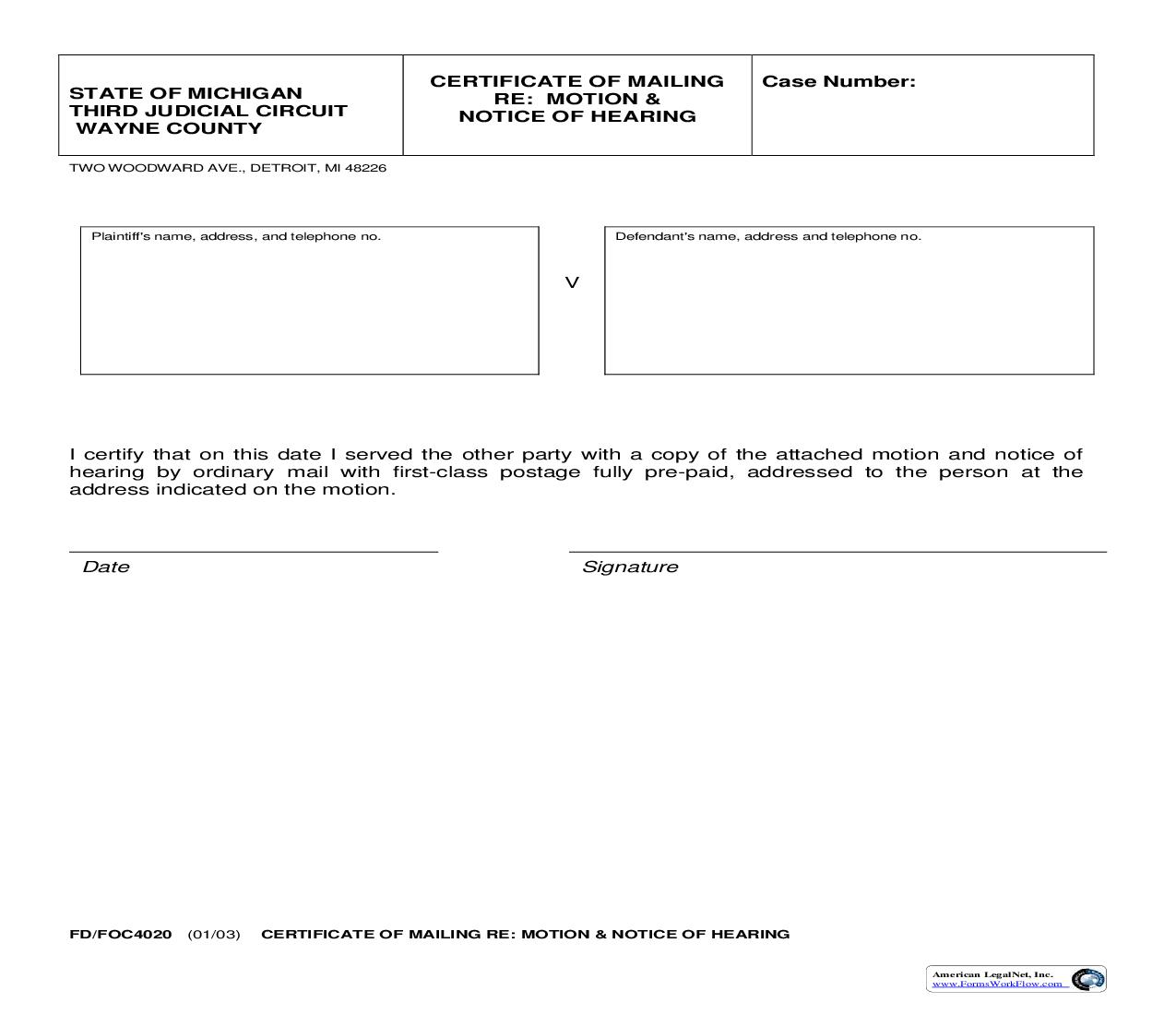 Certificate Of Mailing Motion And Notice Of Hearing {FD-FOC 4020} | Pdf Fpdf Doc Docx | Michigan