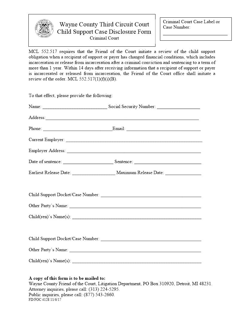 Child Support Case Disclosure (Criminal) {FD-FOC 4128} | Pdf Fpdf Docx | Michigan