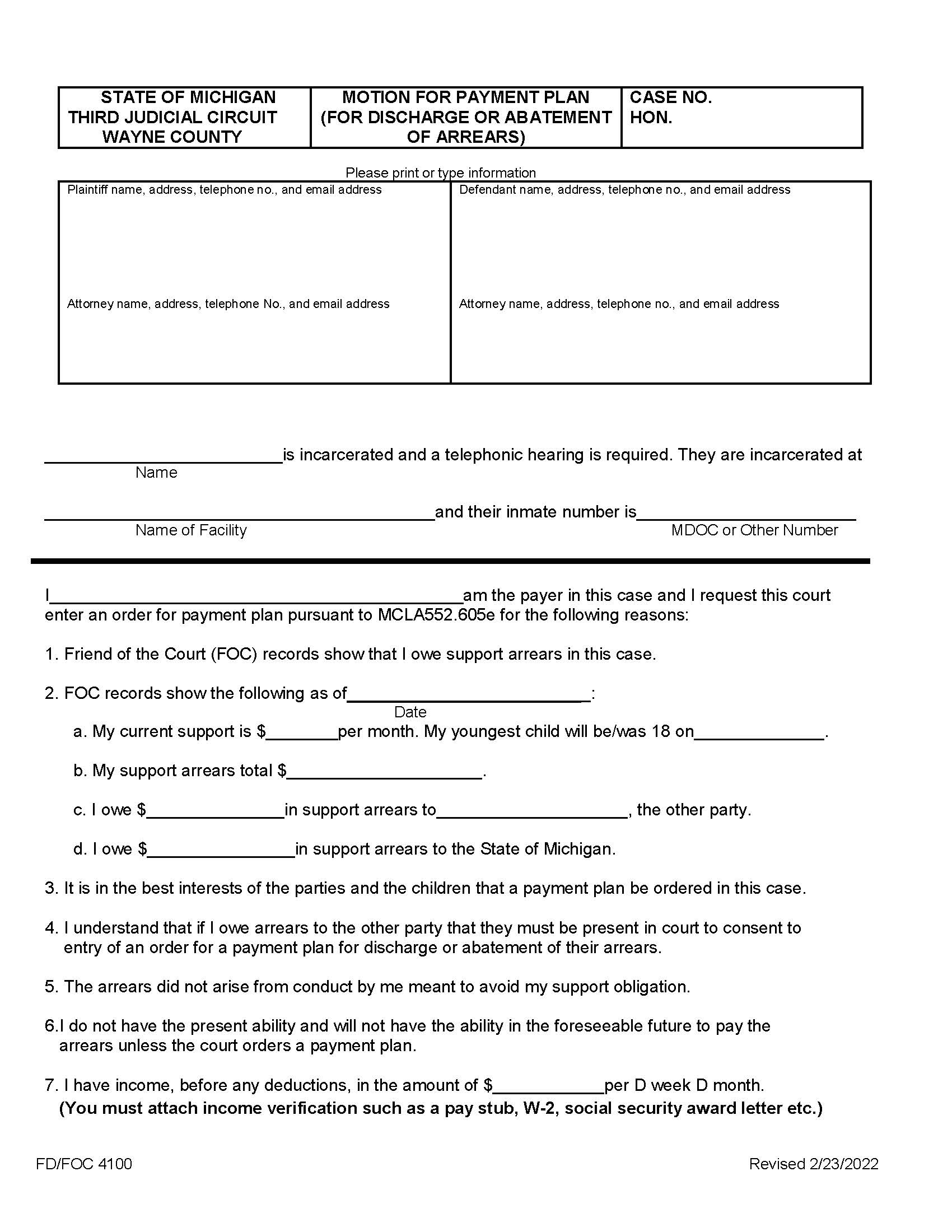 Motion For Payment Plan And Order Adjusting Arrears Upon Compliance Package {FD-FOC 4100} | Pdf Fpdf Doc Docx | Michigan