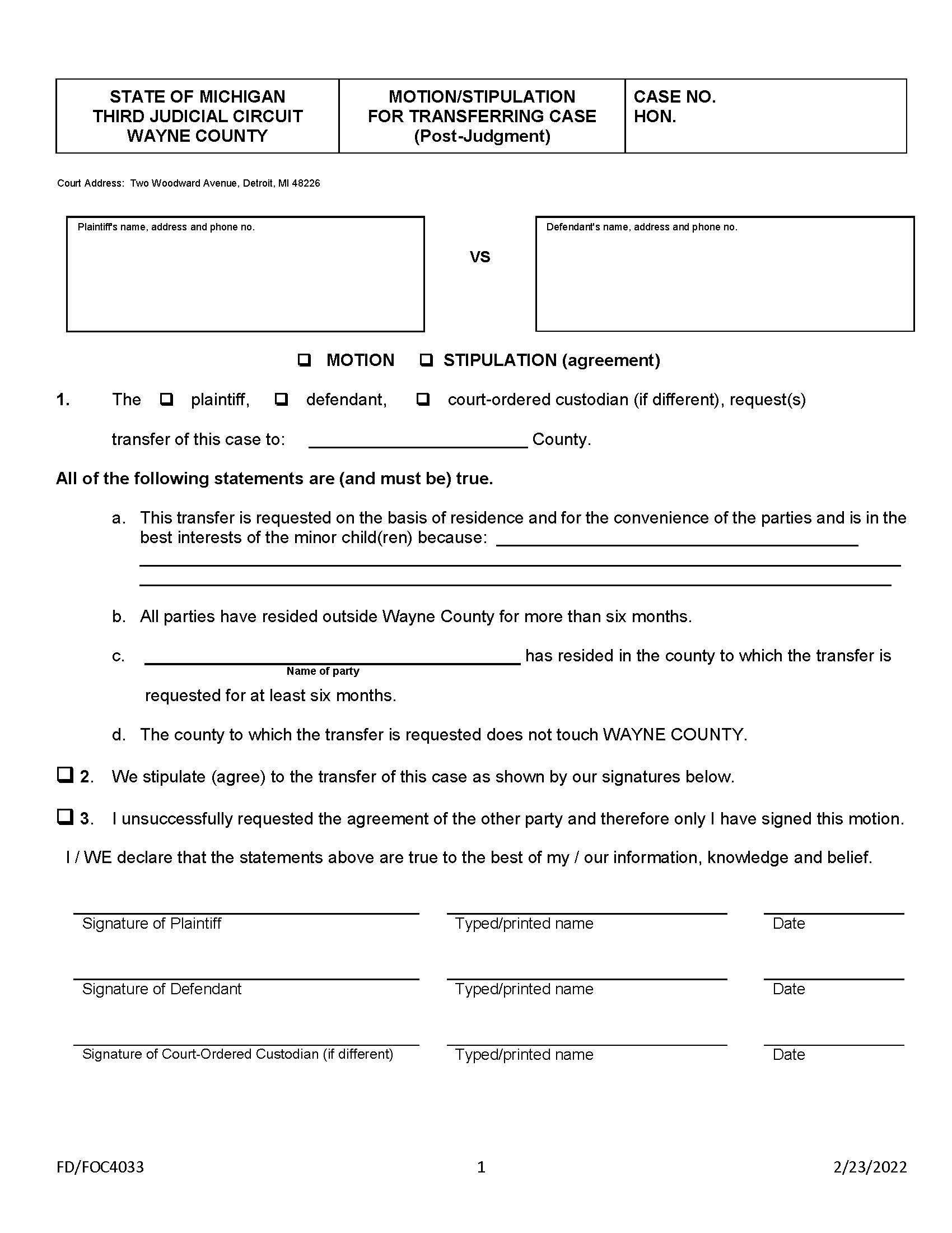 Motion Or Stipulation For Transferring Case (Post-Judgment) {FD-FOC 4033} | Pdf Fpdf Doc Docx | Michigan