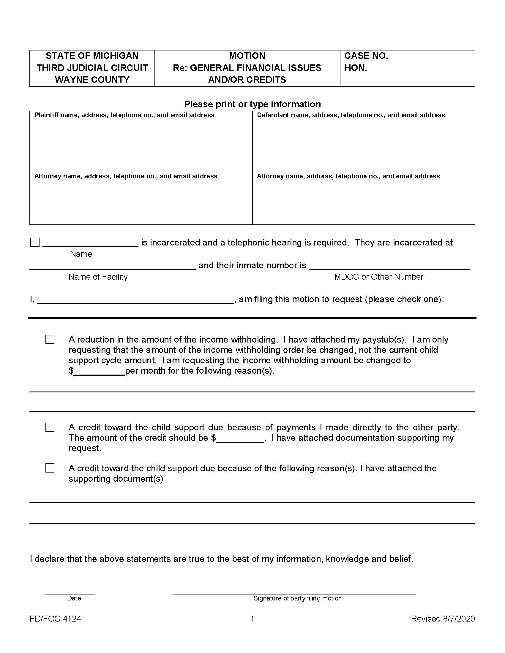 Motion Re General Financial Issues And Or Credits {FD-FOC 4124} | Pdf Fpdf Doc Docx | Michigan