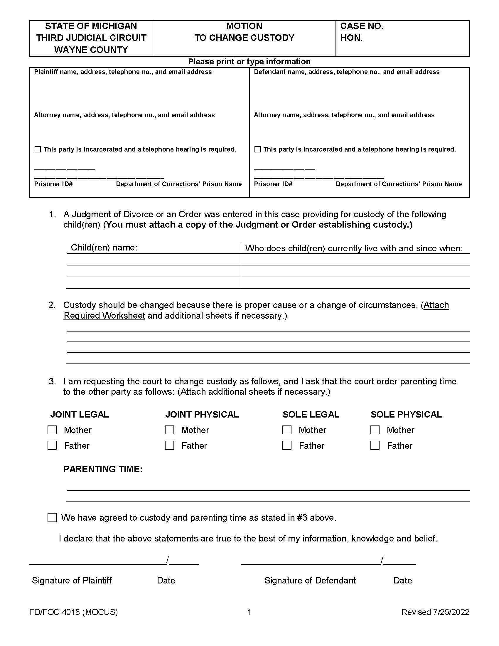 Motion Regarding Custody {FD-FOC 4018} | Pdf Fpdf Doc Docx | Michigan